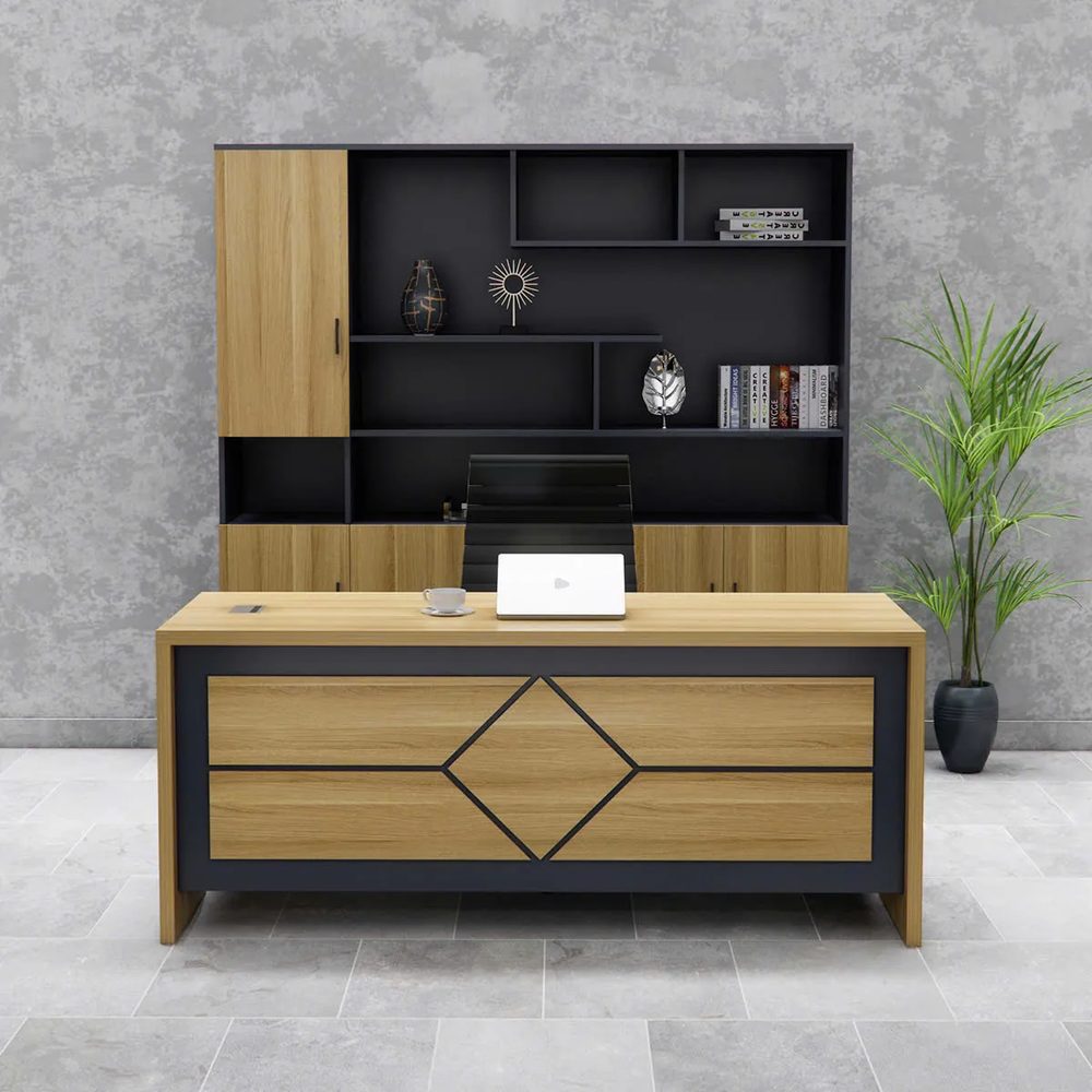 [BGĐ128] Bàn Giám Đốc Họa Tiết Kim Cương Màu Gỗ Sồi Pha Đen - BGĐ128