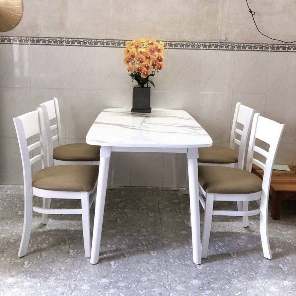 [BGA12] Bộ Bàn Ăn CaBin 4 Ghế Giả Đá Trắng - BGA12