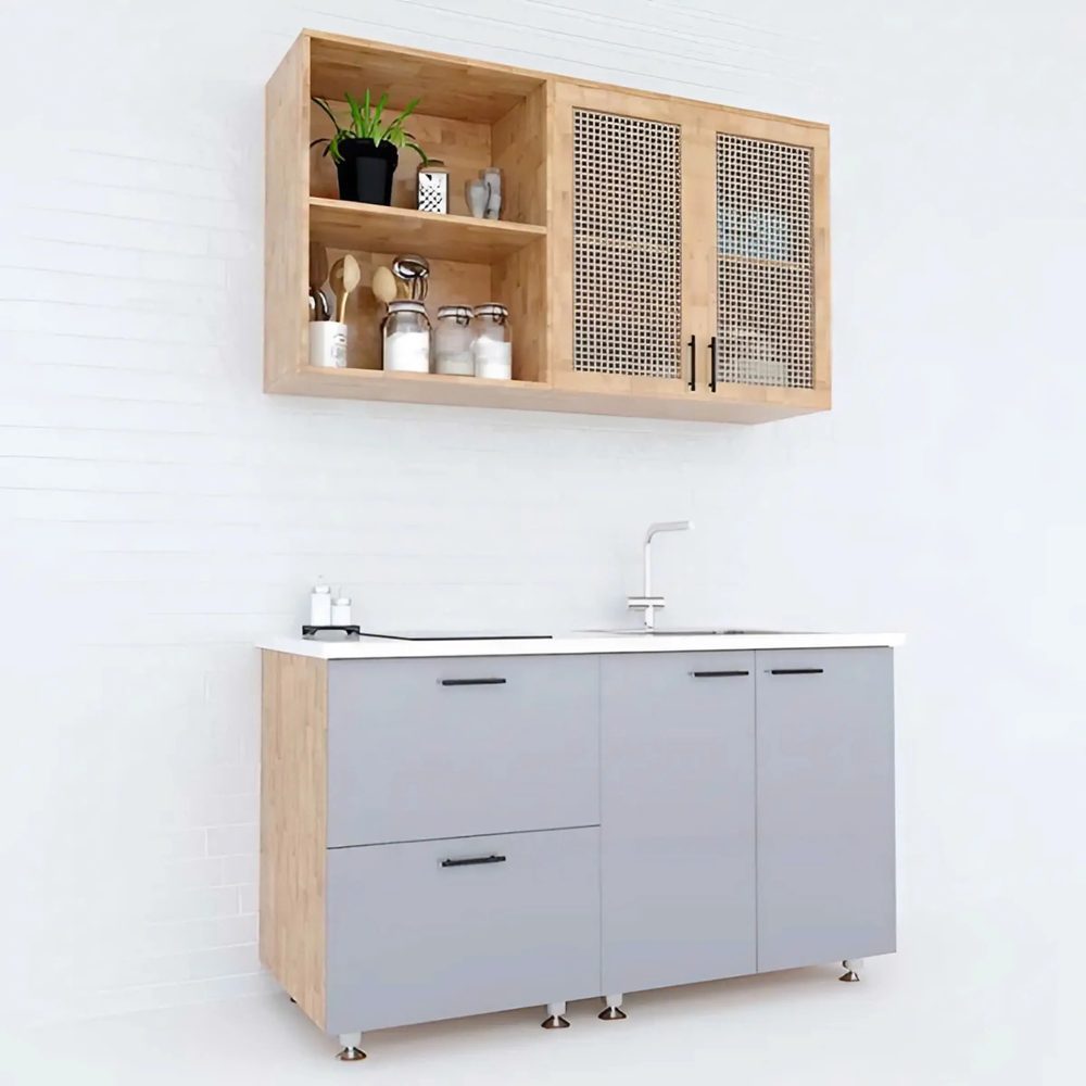 [TB16] Tủ Bếp Mini Gỗ Cao Su 1m2 Cửa Tủ Lưới Mây - TB16