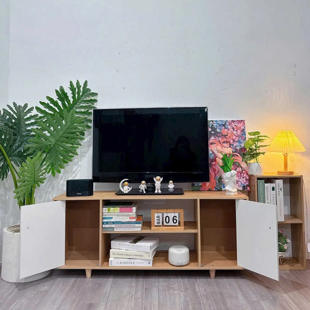 Kệ Tivi Gỗ 2 Cánh Mở Đa Năng Có Ngăn Kệ Trang Trí - KTV3 5